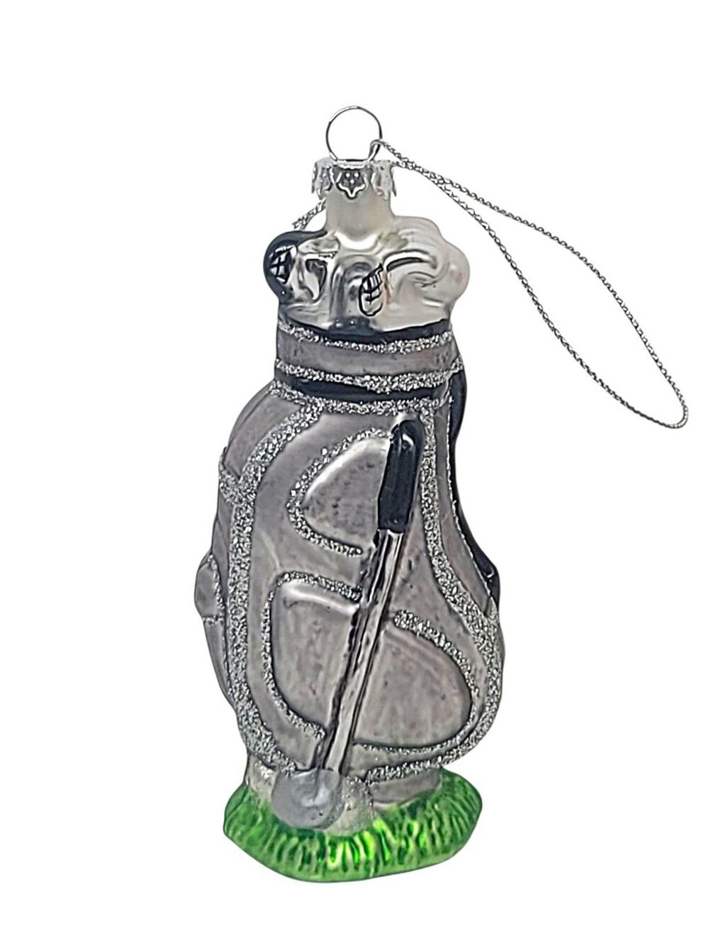 Silver Golf Club Bag On The Green Glass Glitter Christmas Tree Ornament 4.5"